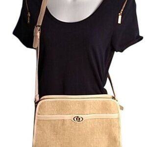 Etienne Aigner Beige & Cream Crossbody Bag With Adjustable Strap Woven Jute Logo